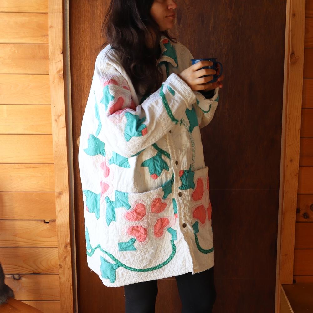 Upcycled Quilt Chore Coat Barn Jacket Appliqué XL • 2XL - Picture 5 of 15